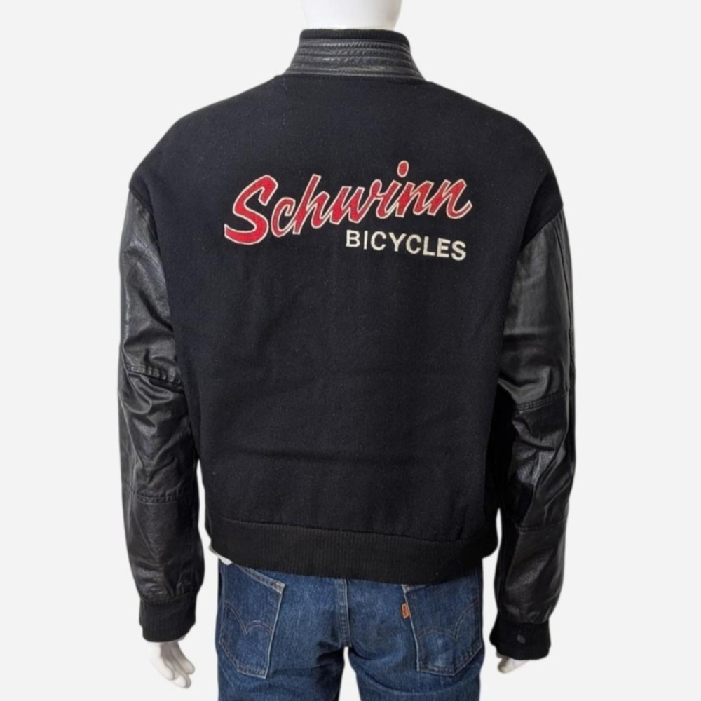 Schwinn Bicycles black leather and wool varsity jacket‎